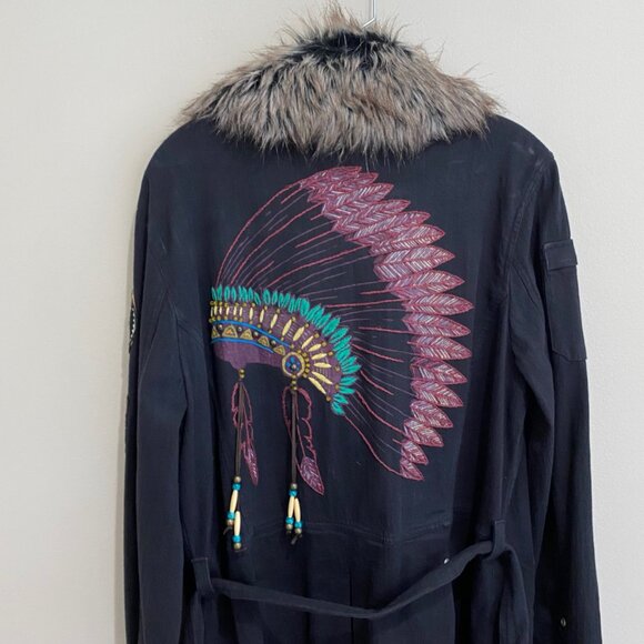 Double D Ranch Long Denim Jacket Embroidered Native American Faux Fur Trim L - Picture 5 of 12